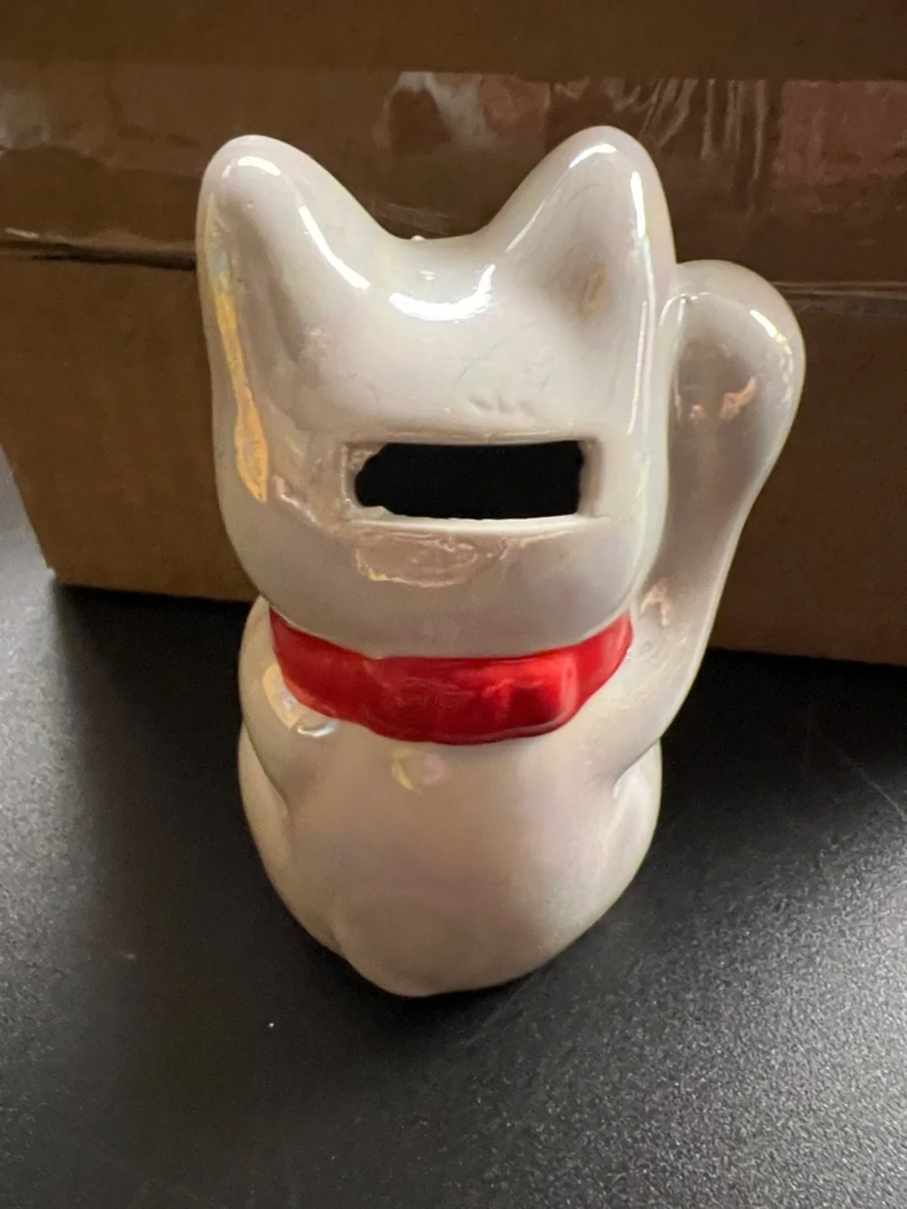 White Maneki Neko Lucky Cat Figurine with Red Accents